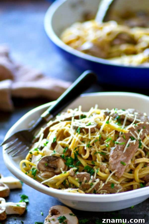 Balsamic Glazed Beef & Wild Mushroom Alfredo 2 A plate of creamy Mushroom Balsamic Beef Fettuccine Alfredo, ready to serve.