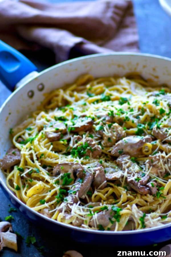 Balsamic Glazed Beef & Wild Mushroom Alfredo 3 Close-up of a serving of Mushroom Balsamic Beef Fettuccine Alfredo, showing creamy sauce and ingredients.