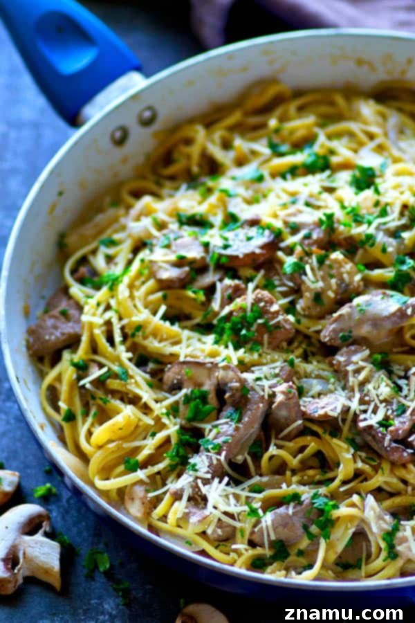 Balsamic Glazed Beef & Wild Mushroom Alfredo 5 Serving of Mushroom Balsamic Beef Fettuccine Alfredo in a bowl