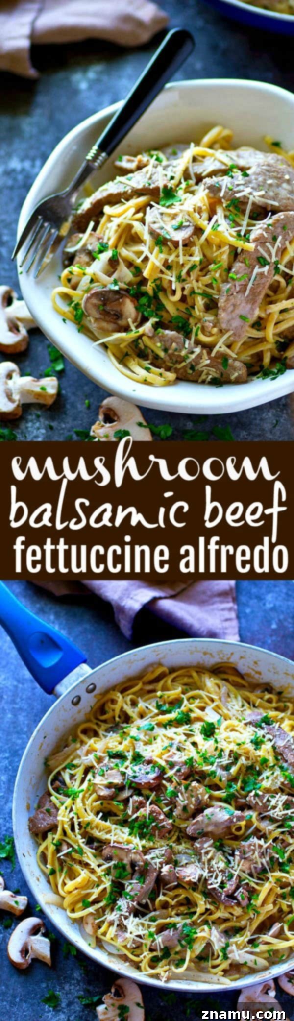 Balsamic Glazed Beef & Wild Mushroom Alfredo 6 A large overview image of Mushroom Balsamic Beef Fettuccine Alfredo in a cooking pot, still hot.