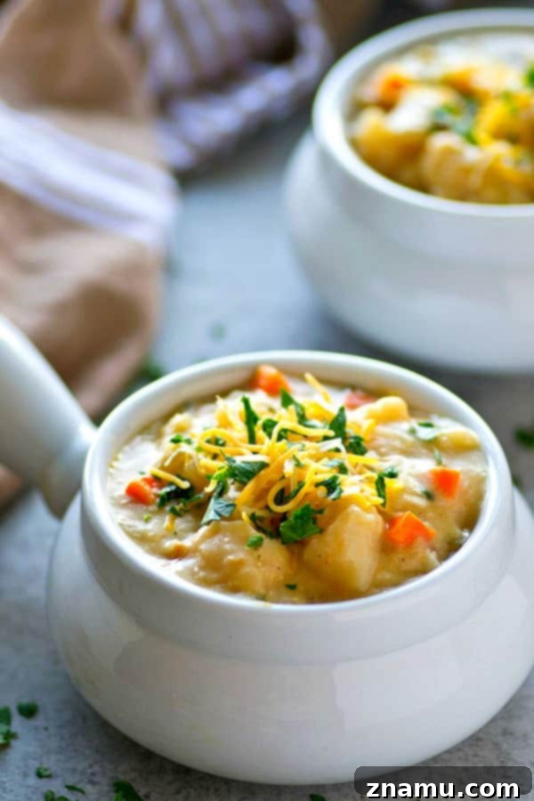 Close-up of a steaming bowl of homemade baked potato cheddar soup, showing its creamy texture and rich color.