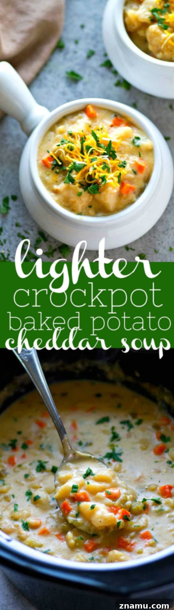 A large serving of crockpot baked potato cheddar soup in a bowl, with a spoon ready to eat.