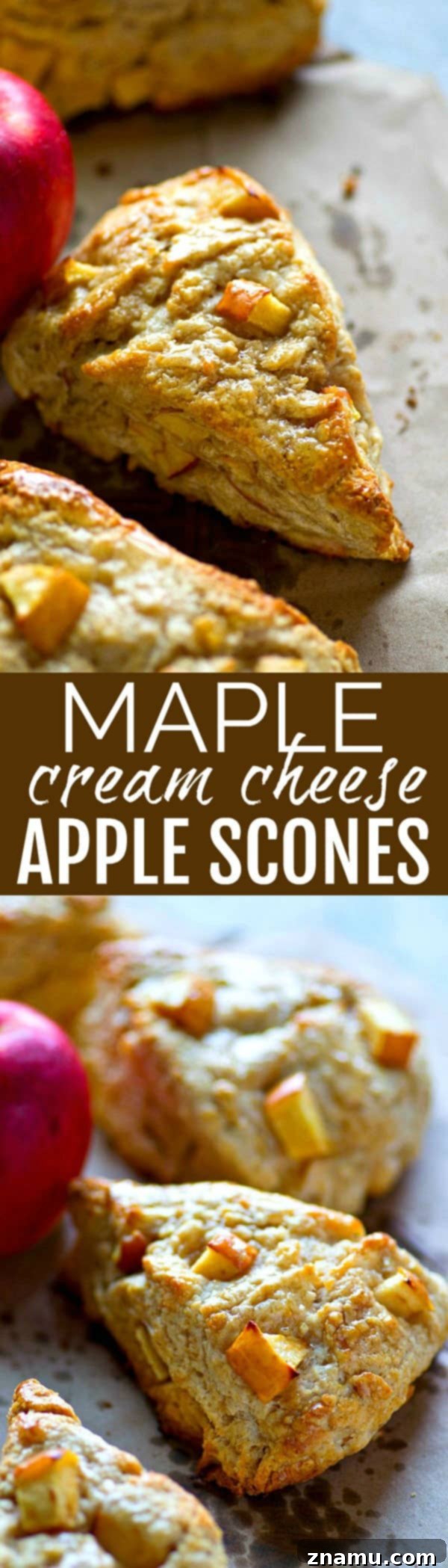 Maple Apple Cream Cheese Scones 6 A stunning overhead shot of freshly baked Maple Cream Cheese Apple Scones, beautifully golden and ready to be served, highlighting their inviting texture and fall appeal.