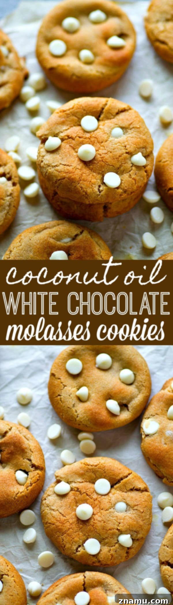 Chewy Coconut White Chocolate Molasses Delights 6 Assorted white chocolate molasses cookies presented beautifully.