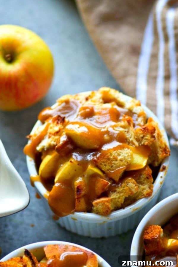 Delicious individual caramel apple french toast bake, perfect for an easy overnight breakfast