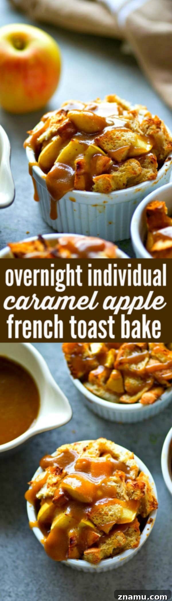 A stack of individual caramel apple french toast bakes with a pitcher of caramel sauce