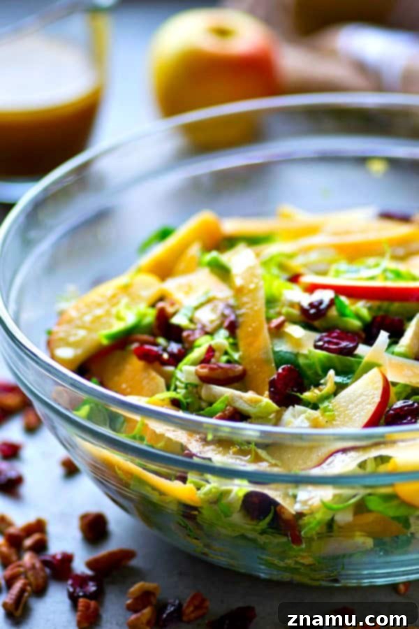 Shaved Brussels & Tangy Orange Fall Salad 5 Shaved Brussels Sprouts Salad with Orange Vinaigrette, ready to be served