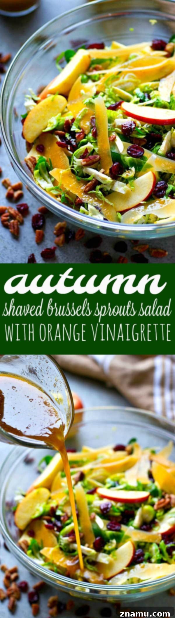 Shaved Brussels & Tangy Orange Fall Salad 6 A large serving bowl filled with Shaved Brussels Sprouts Salad, ready for a Thanksgiving dinner