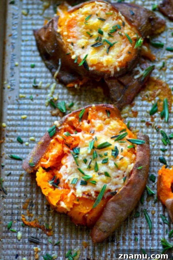 Brown Butter Parmesan Sweet Potato Smash 3 Close-up of golden brown smashed sweet potatoes ready for seasoning