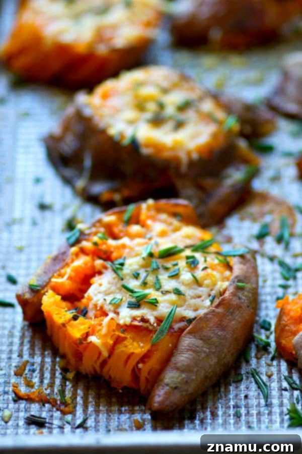 Brown Butter Parmesan Sweet Potato Smash 4 Sweet potato rounds before smashing, tender and ready for the oven