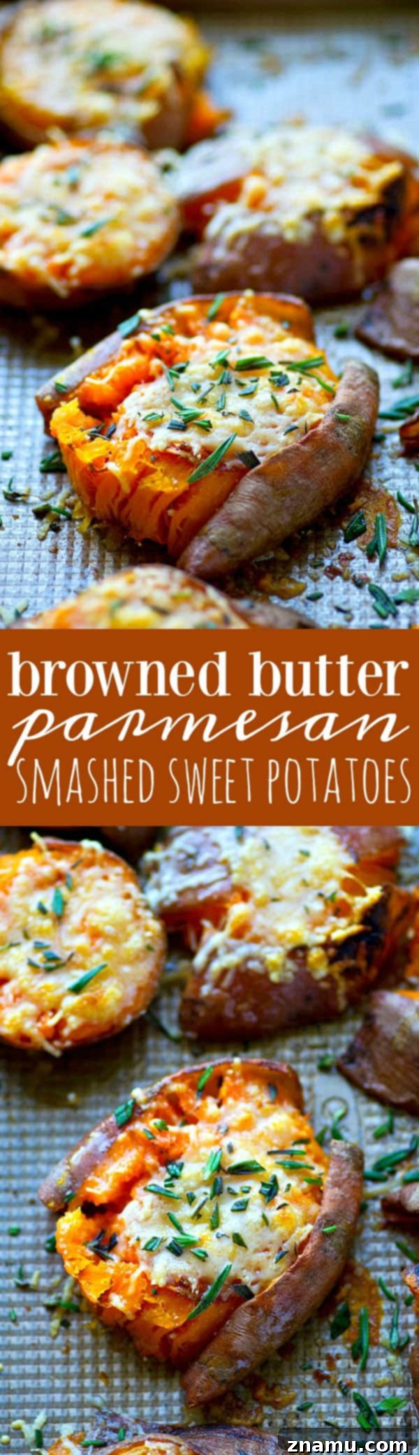 Brown Butter Parmesan Sweet Potato Smash 6 Generously seasoned Browned Butter Parmesan Smashed Sweet Potatoes with melted cheese