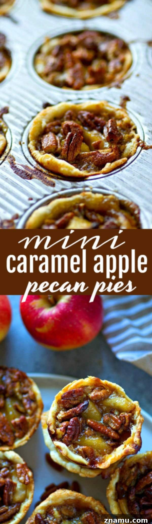 Caramel Apple Pecan Mini Pies 6 Stack of two mini caramel apple pecan pies, showcasing layers