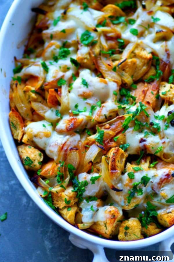 Ultimate Caramelized French Onion Soup Stuffing 4 Delicious French Onion Soup Stuffing in a baking dish, ready to be served