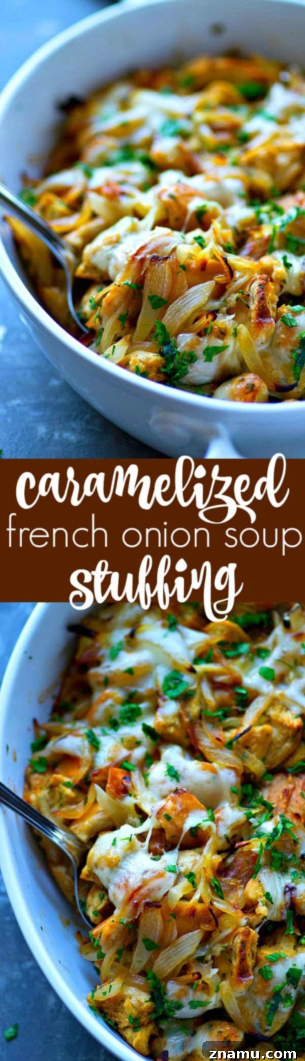 Ultimate Caramelized French Onion Soup Stuffing 6 Final plated French Onion Soup Stuffing, steaming and ready to enjoy