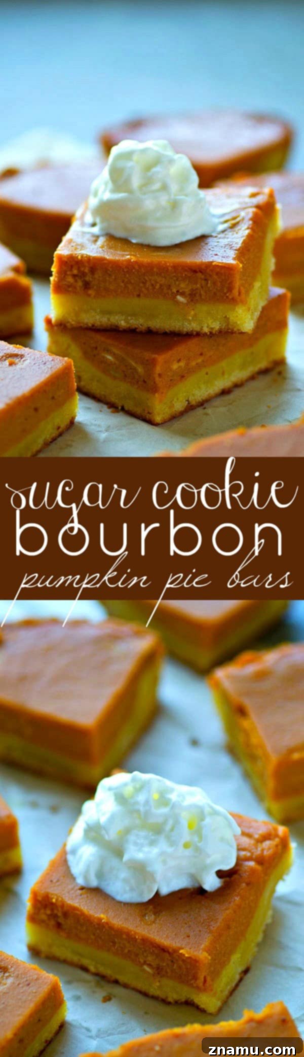 Spiced Bourbon Pumpkin Cookie Bars 6 Multiple Sugar Cookie Bourbon Pumpkin Pie Bars plated and garnished with generous dollops of whipped cream.