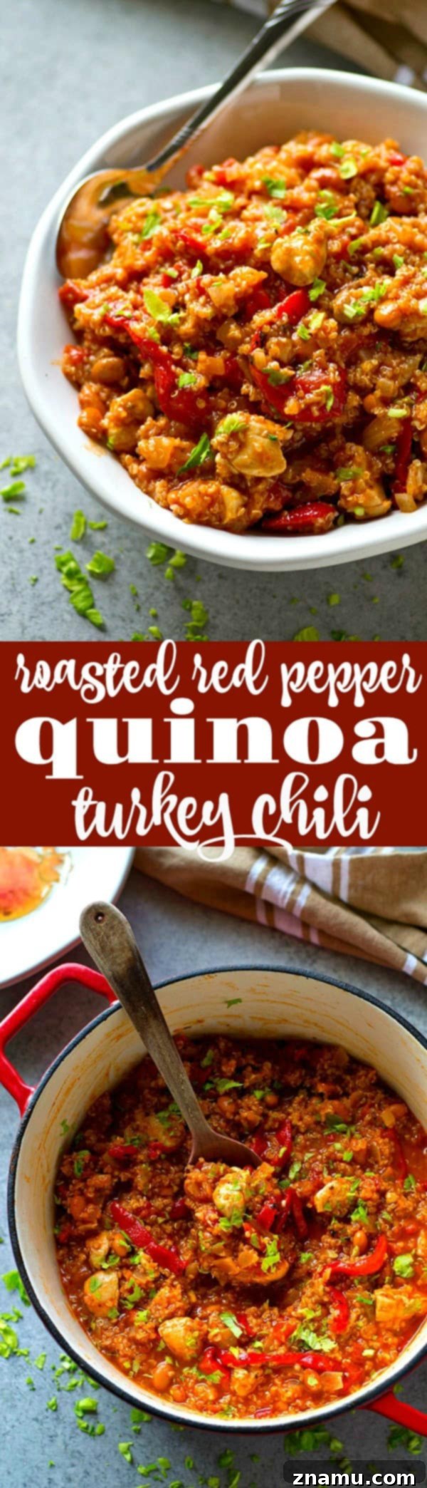 Overhead shot of a bowl of Roasted Red Pepper Quinoa Turkey Chili topped with fresh parsley.