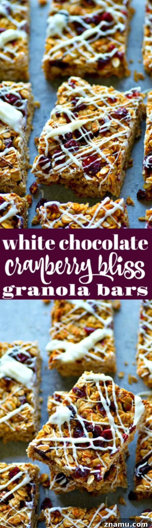 Heavenly White Chocolate Cranberry Granola Bars 6 A close-up of a White Chocolate Cranberry Bliss Granola Bar, showing the thick layer of white chocolate and visible cranberries, ready to be enjoyed.