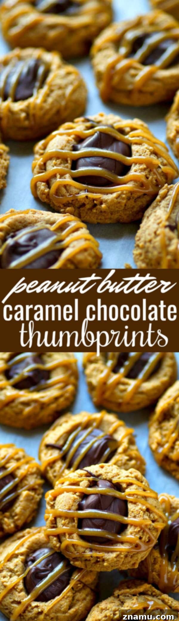 Array of peanut butter caramel chocolate thumbprint cookies on a cooling rack