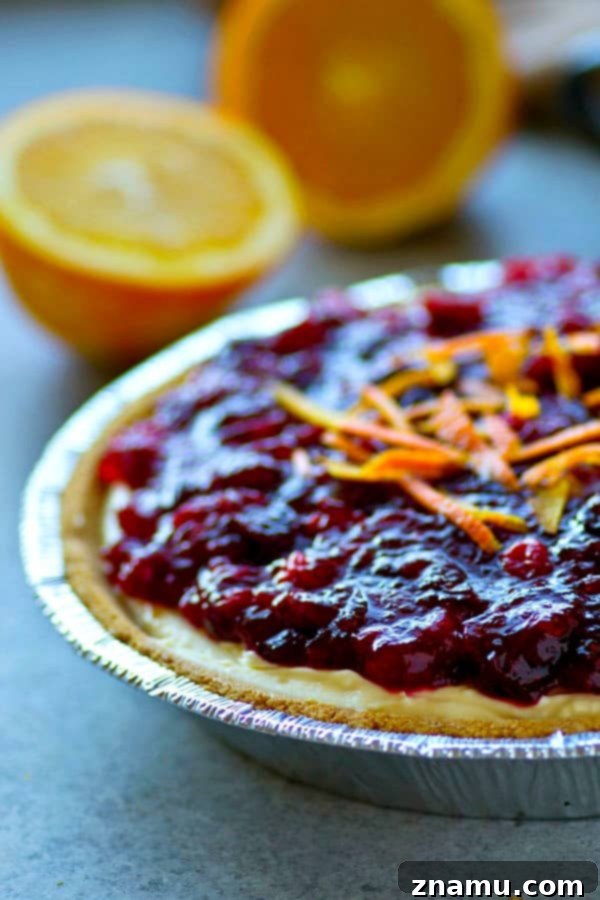 Zesty Cranberry Orange Cheesecake Pie 4 A whole cranberry orange cheesecake pie, garnished and ready for serving.