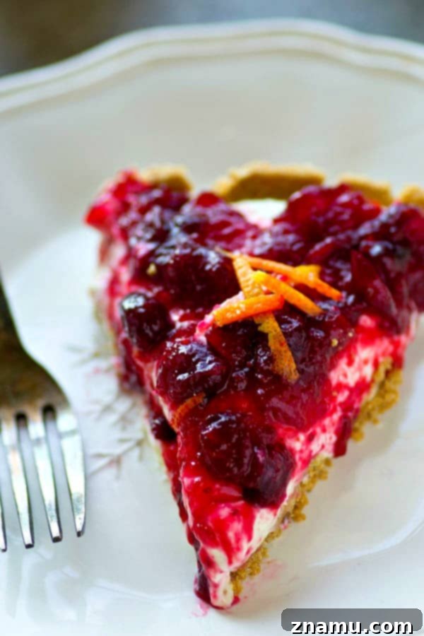 Zesty Cranberry Orange Cheesecake Pie 5 A large slice of cranberry orange cheesecake pie on a plate, showing its layers.