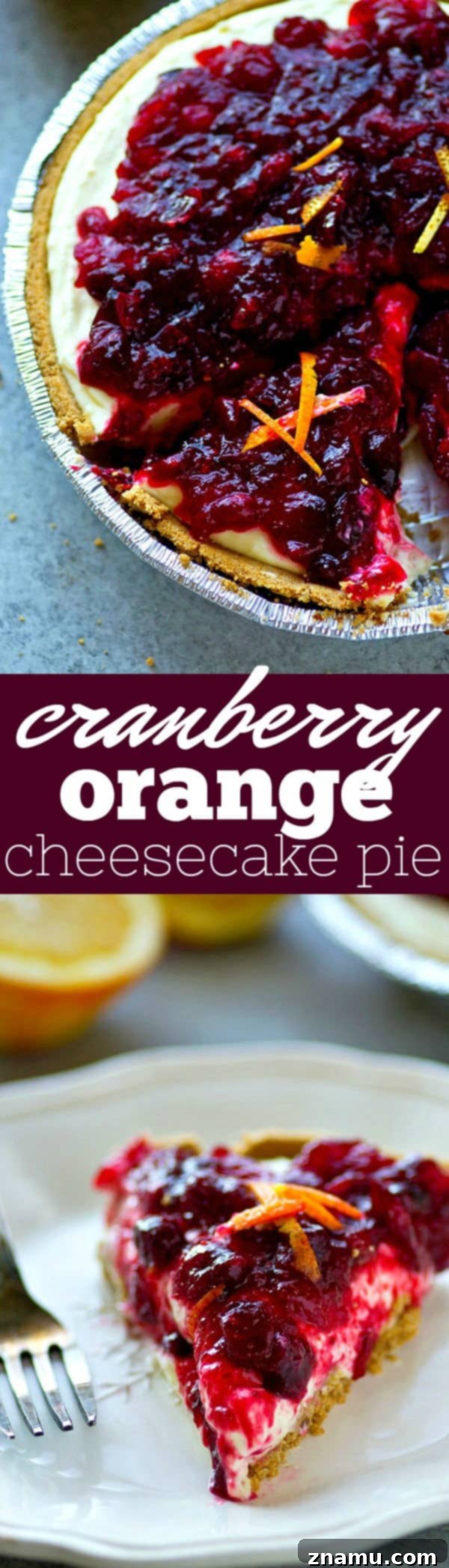 Zesty Cranberry Orange Cheesecake Pie 6 Overhead shot of two slices of cranberry orange cheesecake pie on plates with a fork.