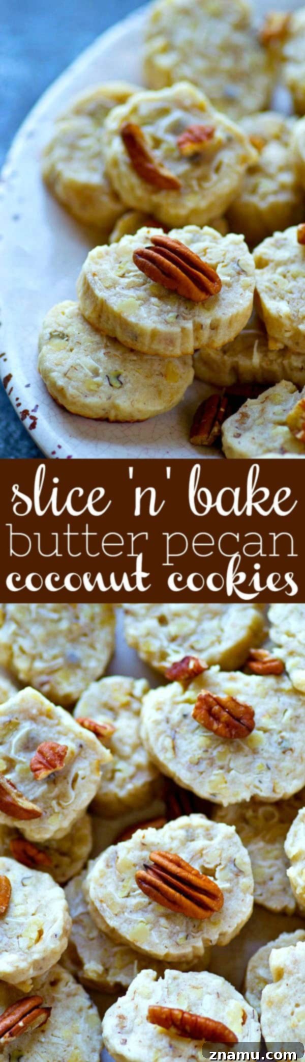 Golden Slice-and-Bake Butter Pecan Coconut Treats 6 The EASIEST slice 'n' bake cookies you'll make this holiday season! These butter pecan coconut cookies are soft, buttery, and absolutely impossible to stop eating.