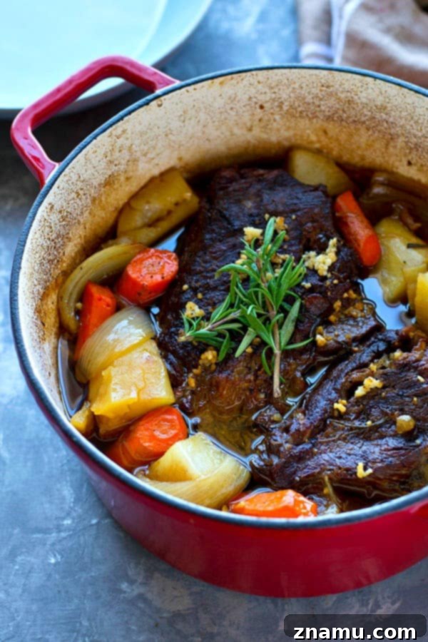 Orchard-Braised Pot Roast 3 Close-up of a slow-braised beef pot roast with tender vegetables