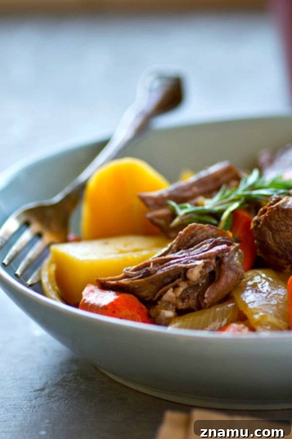 Orchard-Braised Pot Roast 5 Generous serving of tender beef pot roast with rich sauce and vegetables