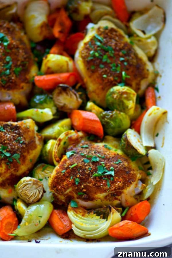 Moroccan Chicken Thighs with Roasted Vegetables 3 A flavorful Moroccan spice rub coats every inch of these juicy chicken thighs with tender roasted brussels sprouts and carrots.---the easiest and healthiest one sheet-pan dinner!
