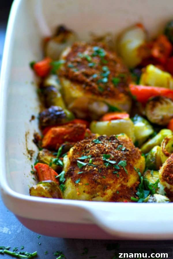 Moroccan Chicken Thighs with Roasted Vegetables 4 A flavorful Moroccan spice rub coats every inch of these juicy chicken thighs with tender roasted brussels sprouts and carrots.---the easiest and healthiest one sheet-pan dinner!