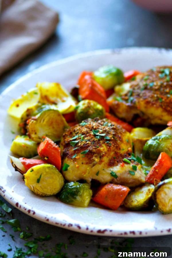 Moroccan Chicken Thighs with Roasted Vegetables 5 A flavorful Moroccan spice rub coats every inch of these juicy chicken thighs with tender roasted brussels sprouts and carrots.---the easiest and healthiest one sheet-pan dinner!