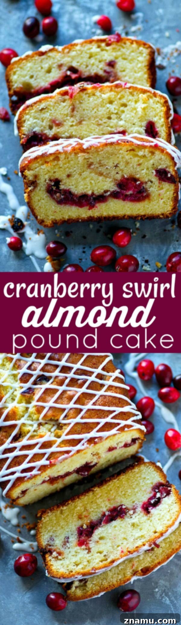 Almond Pound Cake with Cranberry Swirl 6 A delicious glazed almond pound cake with cranberry swirl, photographed from an overhead angle, highlighting its festive beauty and rich glaze.