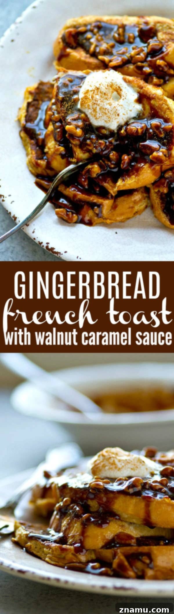 Spiced Gingerbread French Toast with Toasted Walnut Caramel Drizzle 6 An overhead shot displaying an entire serving of Gingerbread French Toast with scattered walnuts and ample caramel, emphasizing its indulgent and shareable nature.