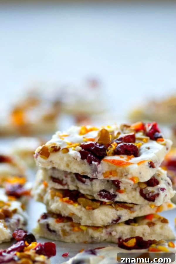Artisan White Chocolate Bark with Bright Orange, Tart Cranberry, and Toasted Pecans 2 Delicious White Chocolate Pecan Orange Cranberry Bark, perfect for holiday gifting