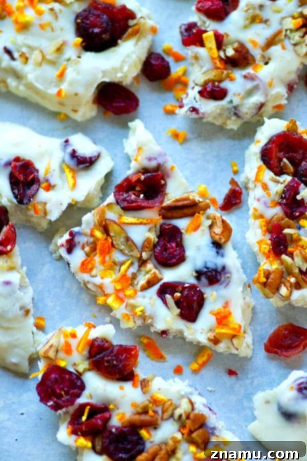 Artisan White Chocolate Bark with Bright Orange, Tart Cranberry, and Toasted Pecans 3 Close-up of vibrant White Chocolate Pecan Orange Cranberry Bark with rich ingredients