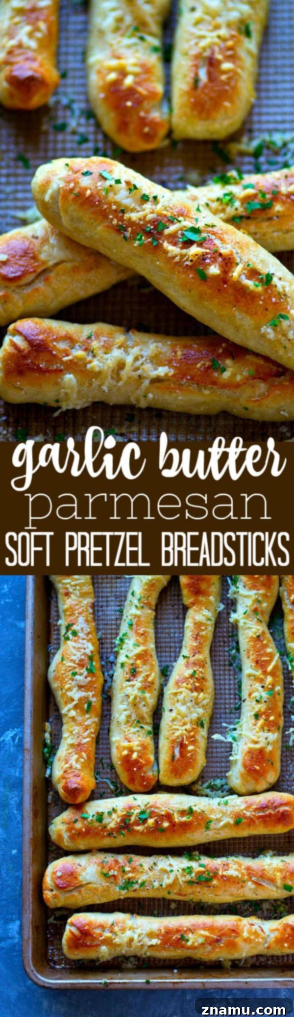 Close-up of a hand reaching for a Garlic Butter Parmesan Soft Pretzel Breadstick