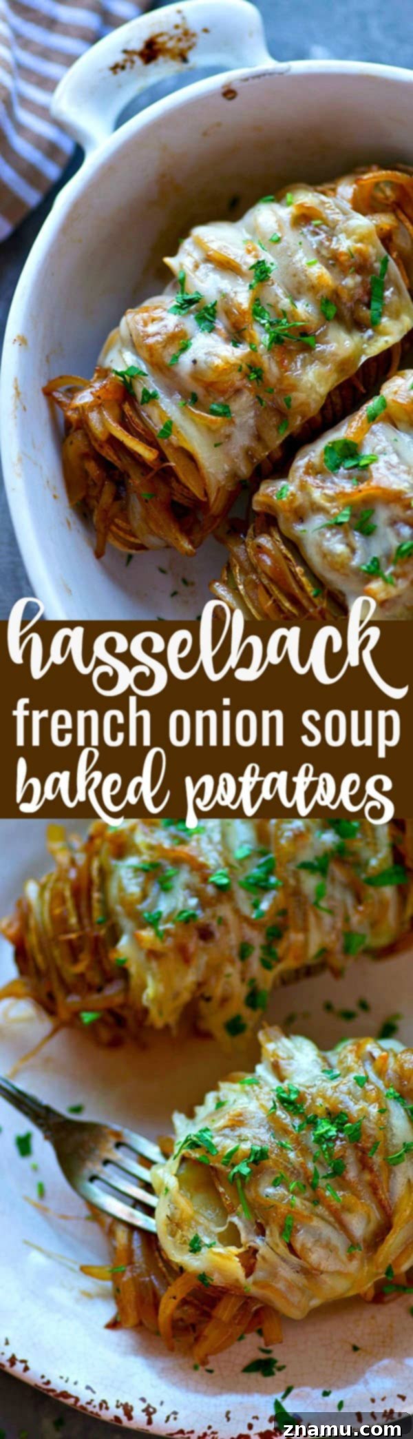 Loaded French Onion Hasselback Potatoes 6 Hasselback French Onion Soup Baked Potatoes garnished with fresh parsley, ready to serve