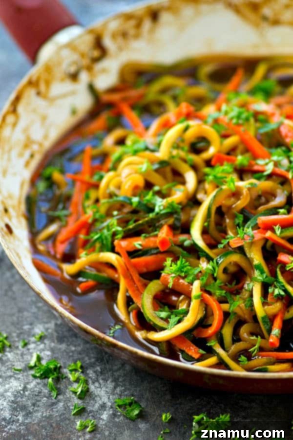 Quick One-Pan Teriyaki Noodles with Vegetables 3 Close-up of fresh teriyaki veggie noodles in a skillet