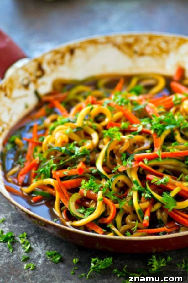 Quick One-Pan Teriyaki Noodles with Vegetables 5 Finished One-Pot Teriyaki Veggie Noodles Skillet, ready to serve