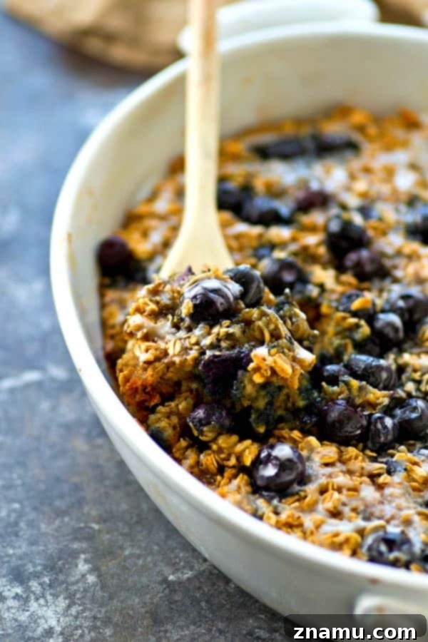 Blueberry Muffin Baked Oats 5 Individual serving of Glazed Blueberry Muffin Baked Oatmeal on a plate, showing the texture and blueberries