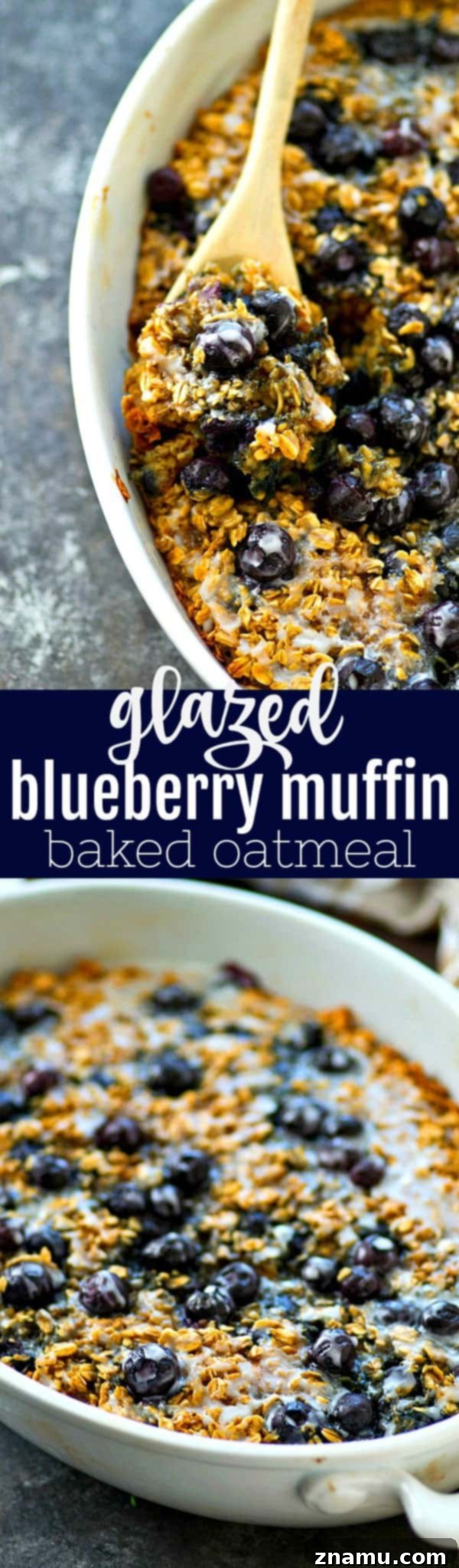 Blueberry Muffin Baked Oats 6 A large baking dish filled with freshly baked Glazed Blueberry Muffin Baked Oatmeal, ready to be sliced
