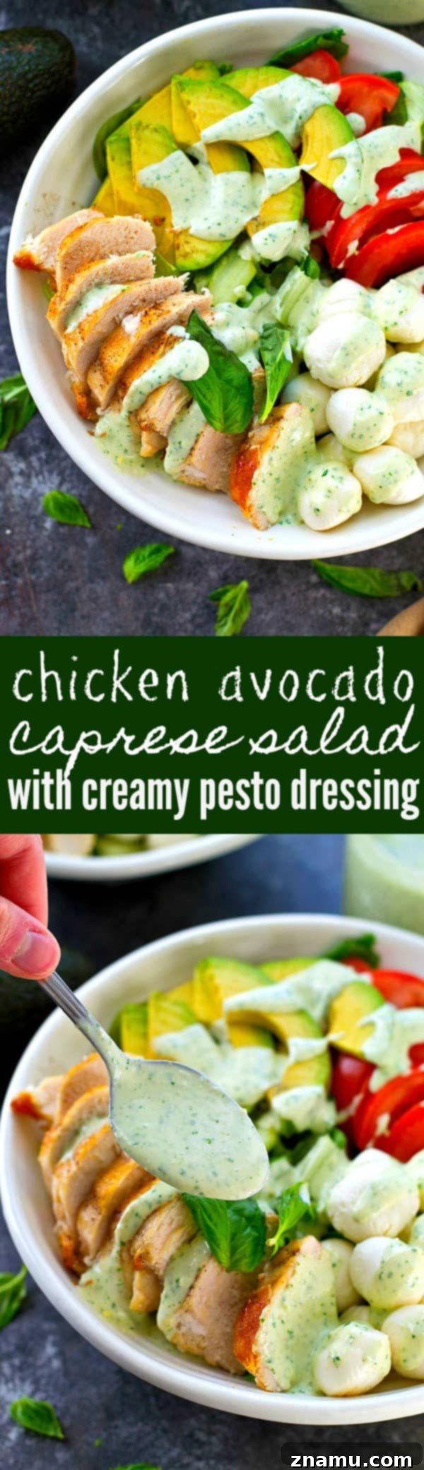 Pan-seared chicken, avocado, and a creamy flavorful pesto dressing spice up this colorful and massively flavor-packed caprese salad!