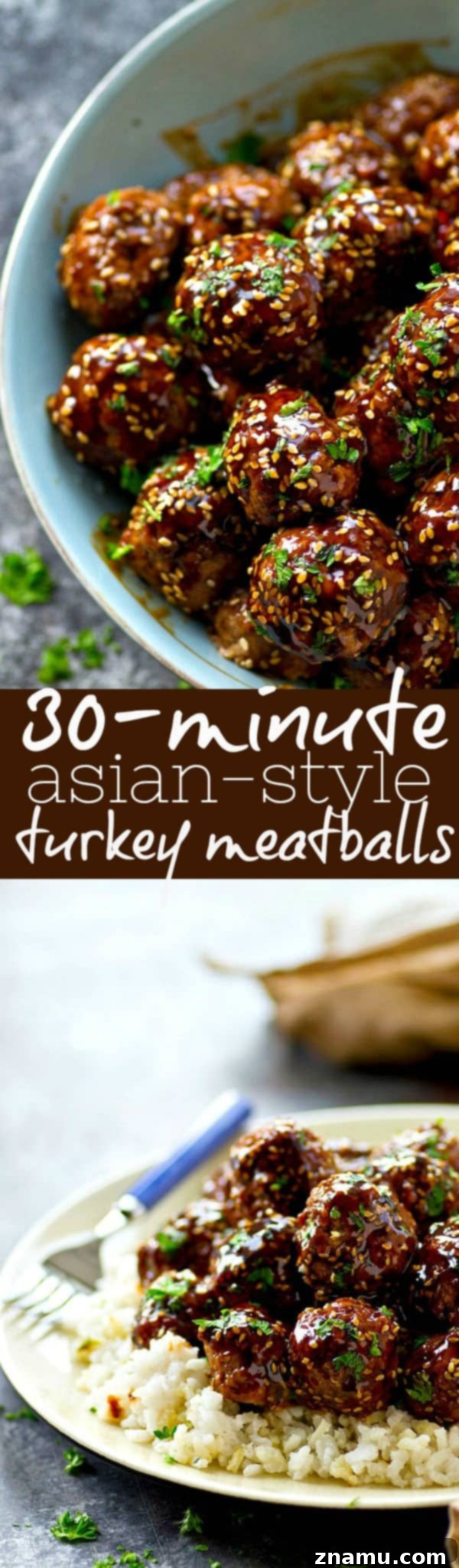 Easy Asian Style Turkey Meatballs in 30 Minutes 6 Beautifully arranged Asian-style turkey meatballs with a homemade teriyaki glaze, garnished with fresh parsley.