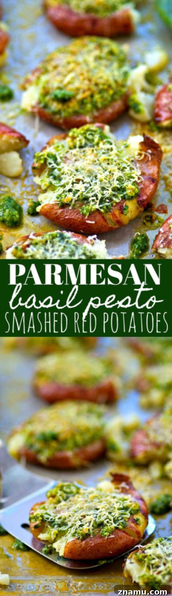 Crispy Parmesan Basil Pesto Smashed Red Potatoes 6 Crispy smashed red potatoes are drizzled in a flavorful basil pesto and topped with lots of Parmesan cheese for an easy and addicting side dish!