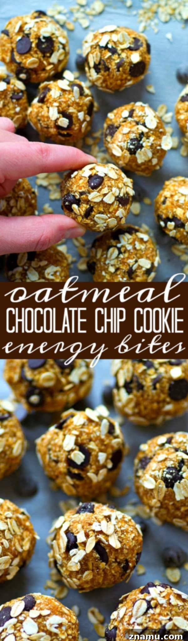 Chocolate Chip Oat Power Balls 6 A stack of homemade oatmeal chocolate chip energy bites, ready to eat.