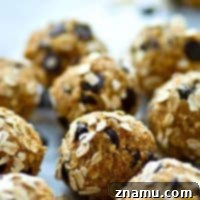 Single oatmeal chocolate chip energy bite with a sprinkle of oats and chocolate.