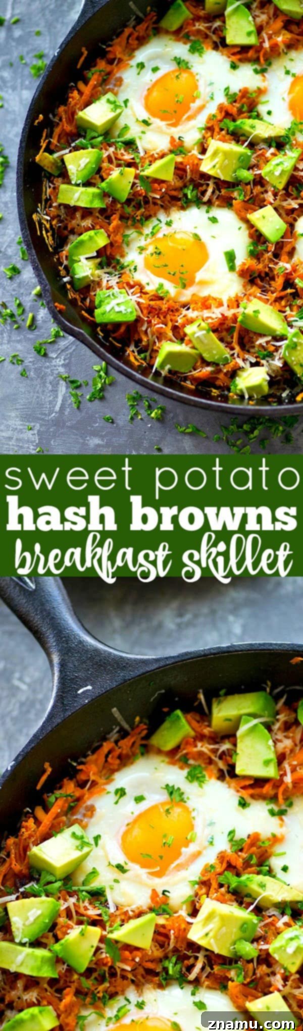 Full skillet of sweet potato hash browns and eggs on a rustic wooden table