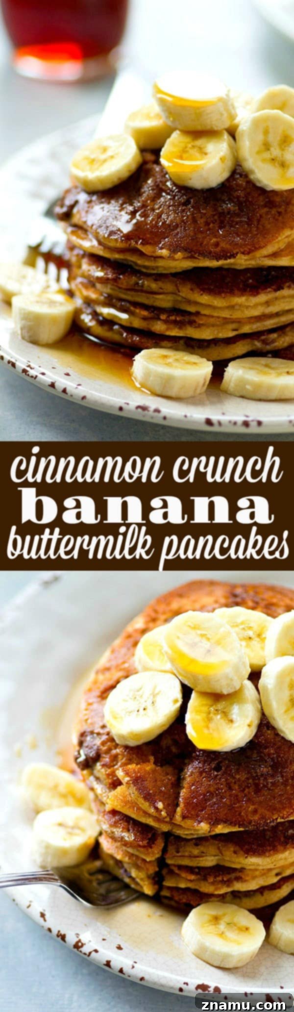 A wide shot of a delicious spread of cinnamon crunch banana buttermilk pancakes