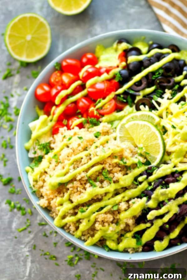 Vibrant Fiesta Quinoa Salad with Zesty Avocado Lime 3 Packed with tons of Mexican-style goodness and drizzled with a creamy avocado lime dressing, this colorful quinoa salad is so easy and so dang good, it will quickly become a dinner regular!