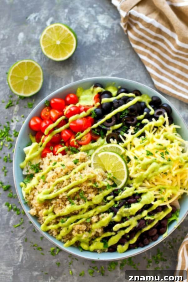 Vibrant Fiesta Quinoa Salad with Zesty Avocado Lime 4 Packed with tons of Mexican-style goodness and drizzled with a creamy avocado lime dressing, this colorful quinoa salad is so easy and so dang good, it will quickly become a dinner regular!